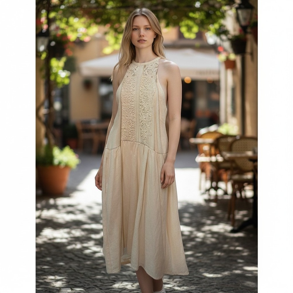 Altar'd State Cream Linen‎ Cotton Lace Halter Mini Dress with Pockets Small